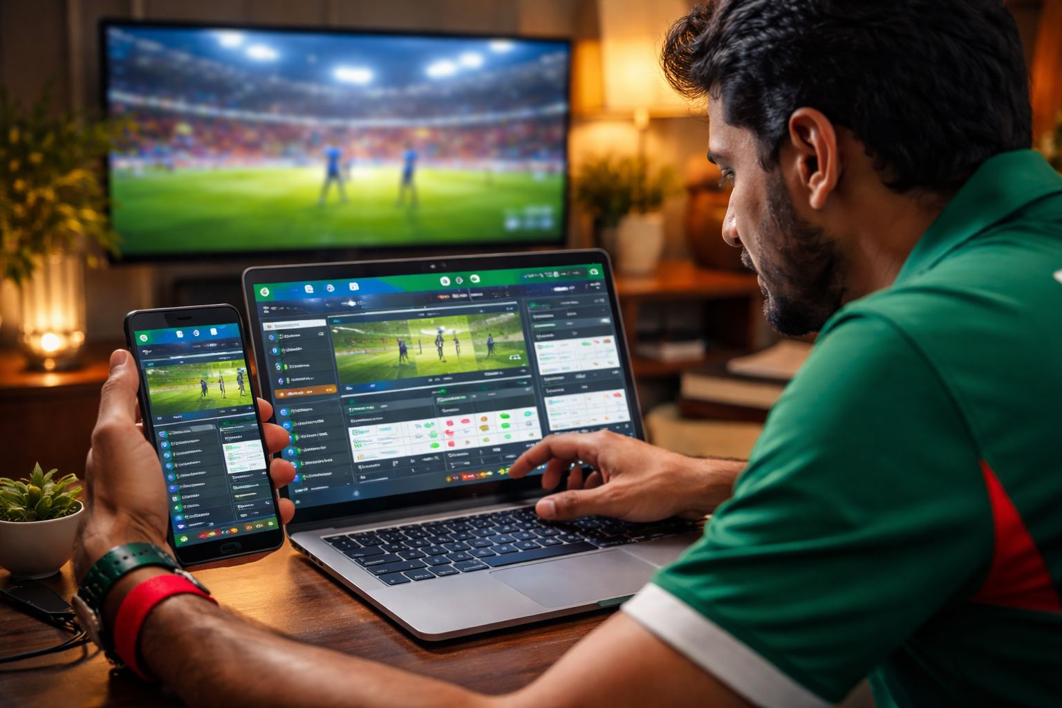 Engaged Bangladeshi sports enthusiast reviewing live cricket odds on a laptop through 9a999 while a match plays on television in a comfortable home setting